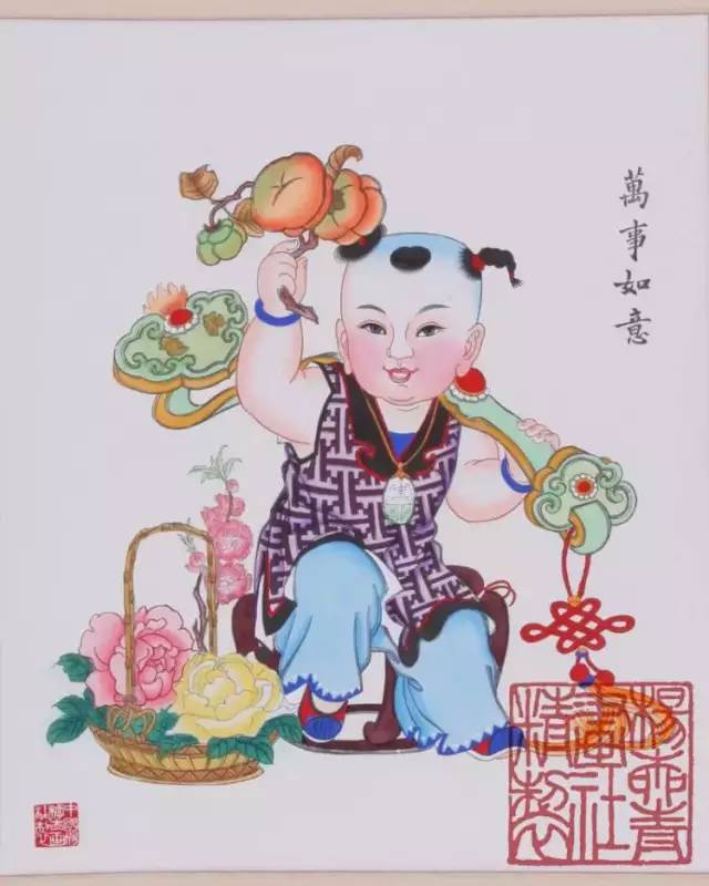 《万事如意》图为典型的有吉祥寓意的杨柳青胖娃娃年画,图中多柿子,意