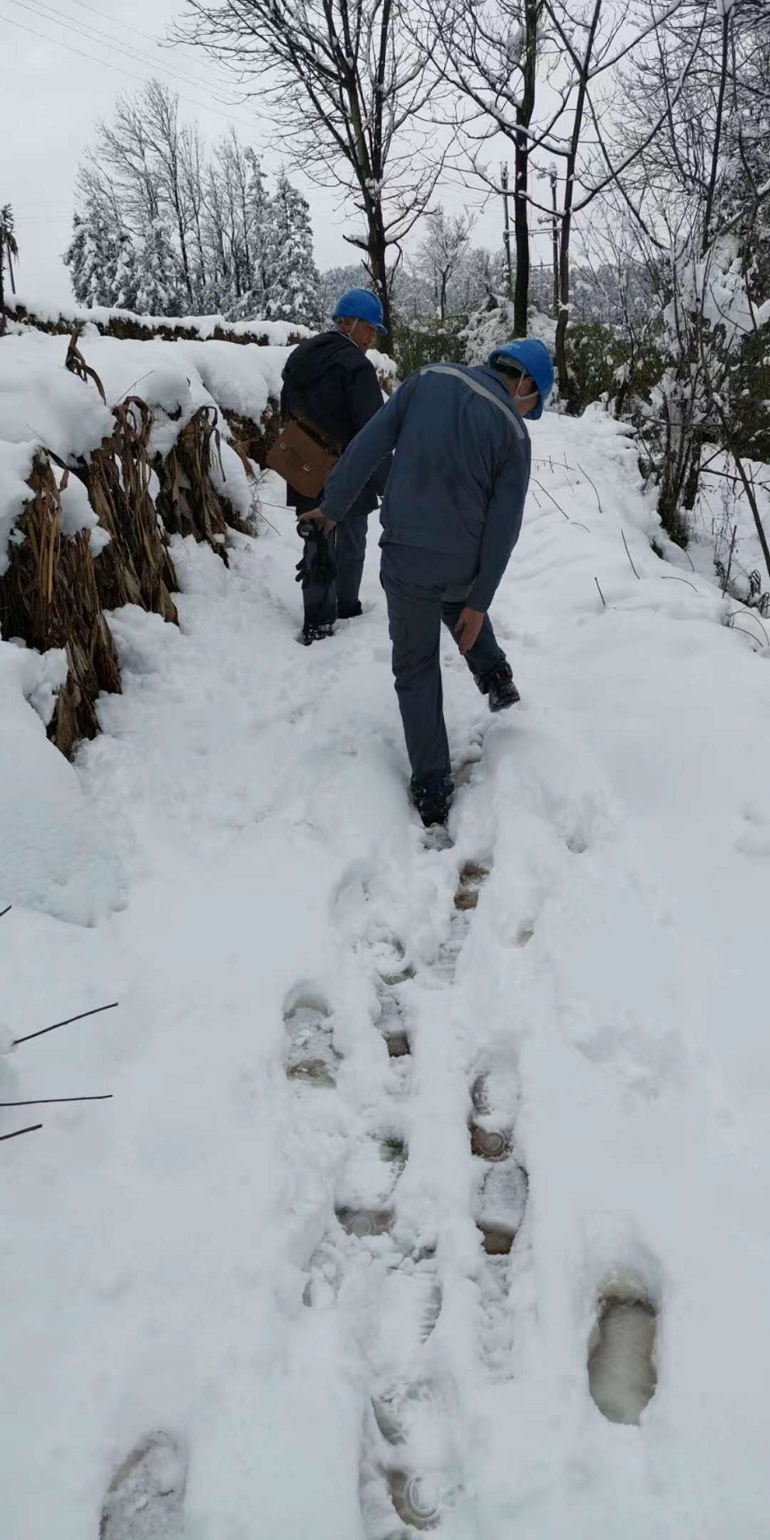 在雪地里寻找故障点的电力工人.