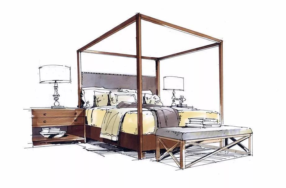 室内设计手绘床不同手法表现