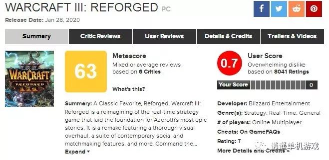《魔兽争霸3：重制版》外媒评价平平均分63