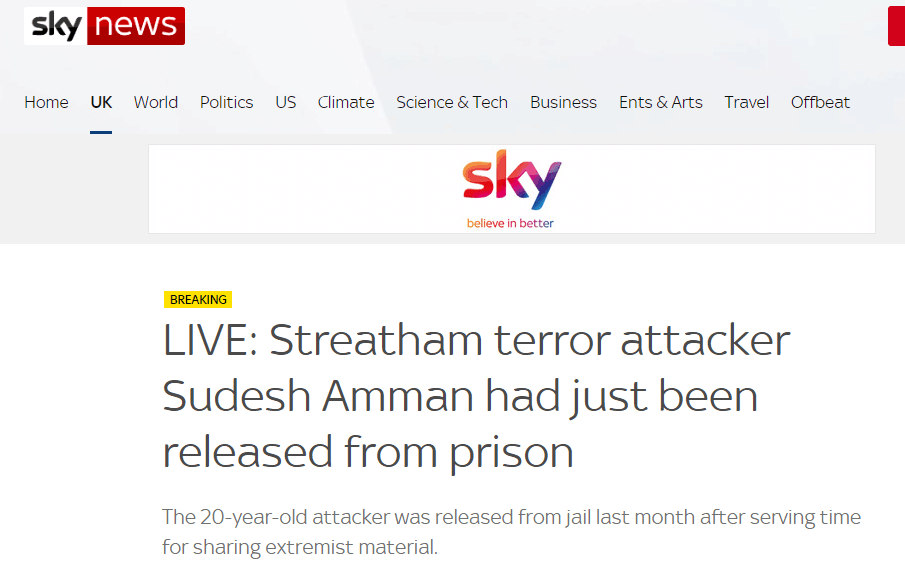 英国持刀恐袭案致2人伤，被击毙嫌疑人上月刚出狱