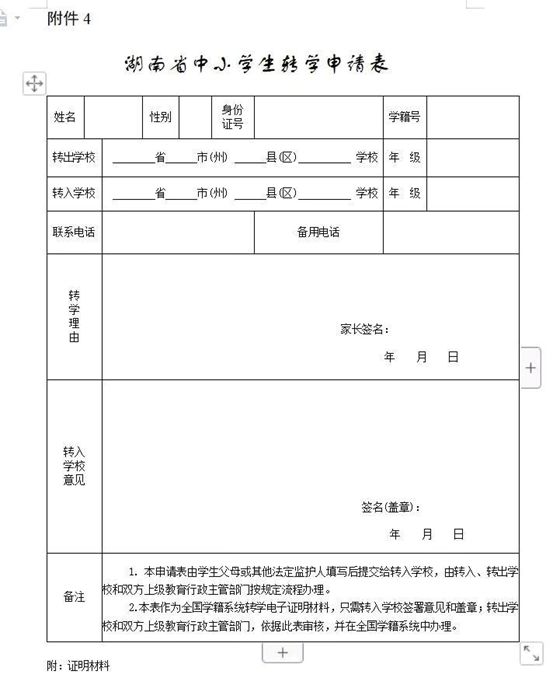 片或电子表格。附件：百度搜索：《湖南省中小学生转学申请表》，如下图