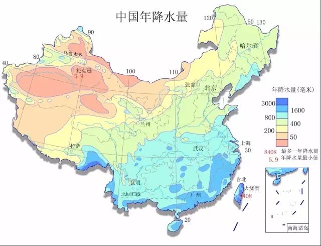 界线等等 (上述数据会在不同的历史时期有所偏移,下图为中国年等降水