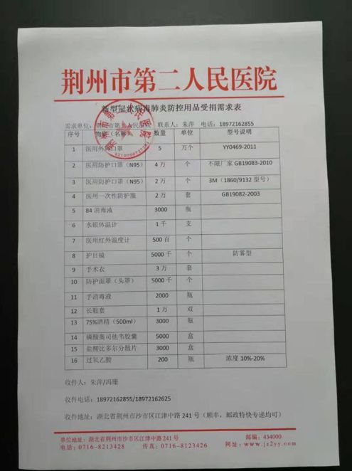 本报记者获取的一份荆州市第二人民医院新型冠状病毒肺炎防控用品受