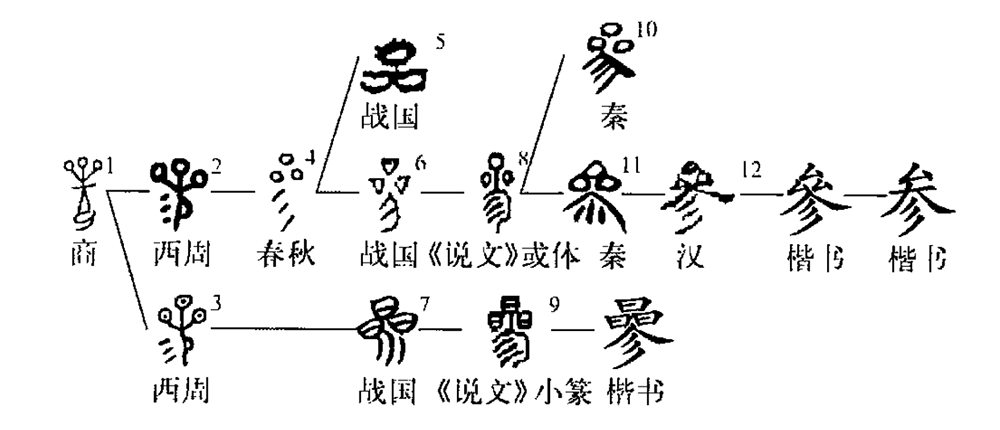 ①是甲骨文的形体,下部为人形,人上有三颗星,表示参