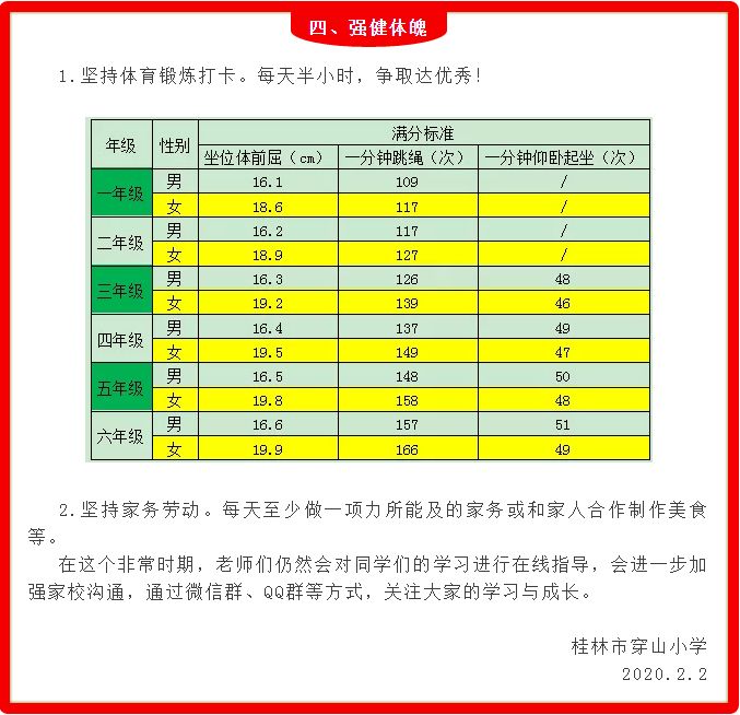 宅家运动身体棒——桂林市穿山小学开展每日体育锻炼打卡活动