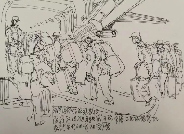 医者和媒体记者等的现场速写,作品里有在一线与疫情战斗的医护人员