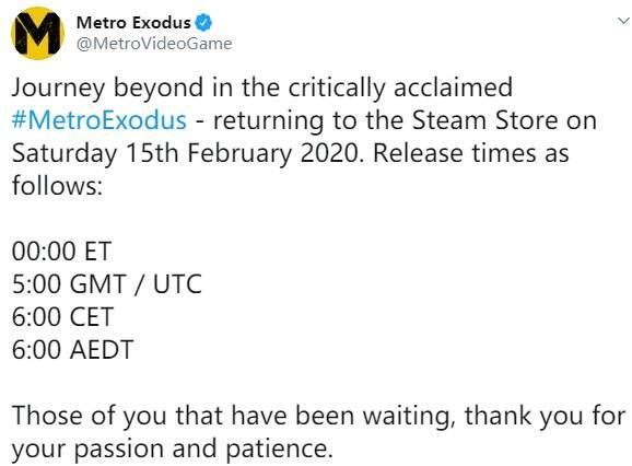 《地铁：离去》Epic独占将结束2月15日回归Steam平台