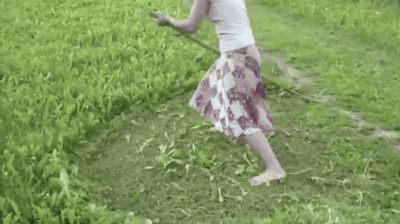 搞笑GIF趣图：妹子，我们农村不是这样割草的_盆子