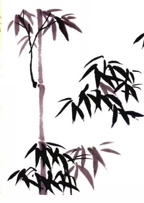 步骤一:用重墨分组画出两组竹子的叶子,竹子画法三:步骤三:用中墨和淡