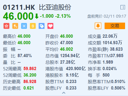 1月汽车销量同比下降43%,比亚迪低开超2%