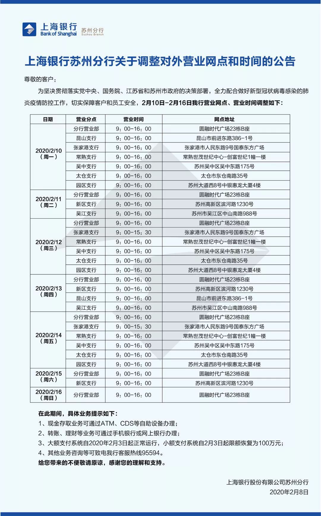 上海银行苏州分行关于调整对外营业网点和时间的公告 