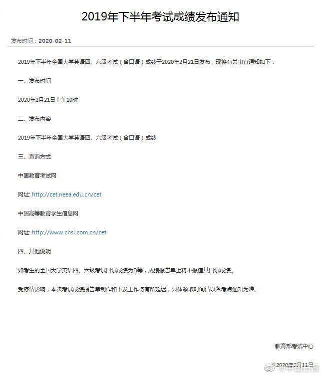 注意!全国大学英语四六级考试成绩将于2月21日发布