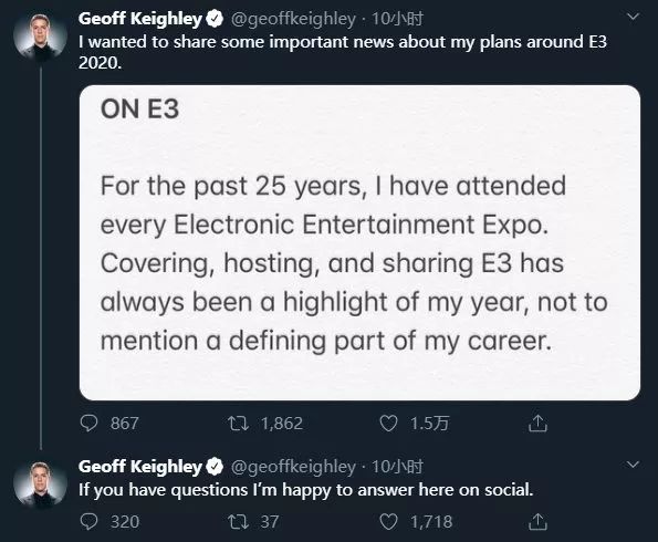 连续25年未缺席的主持人也宣布不参加E32020_Geoff