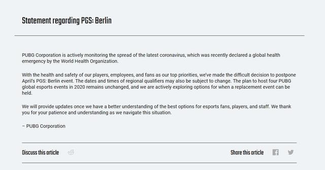 《绝地求生》2020首个电竞赛事PGS柏林宣布延期