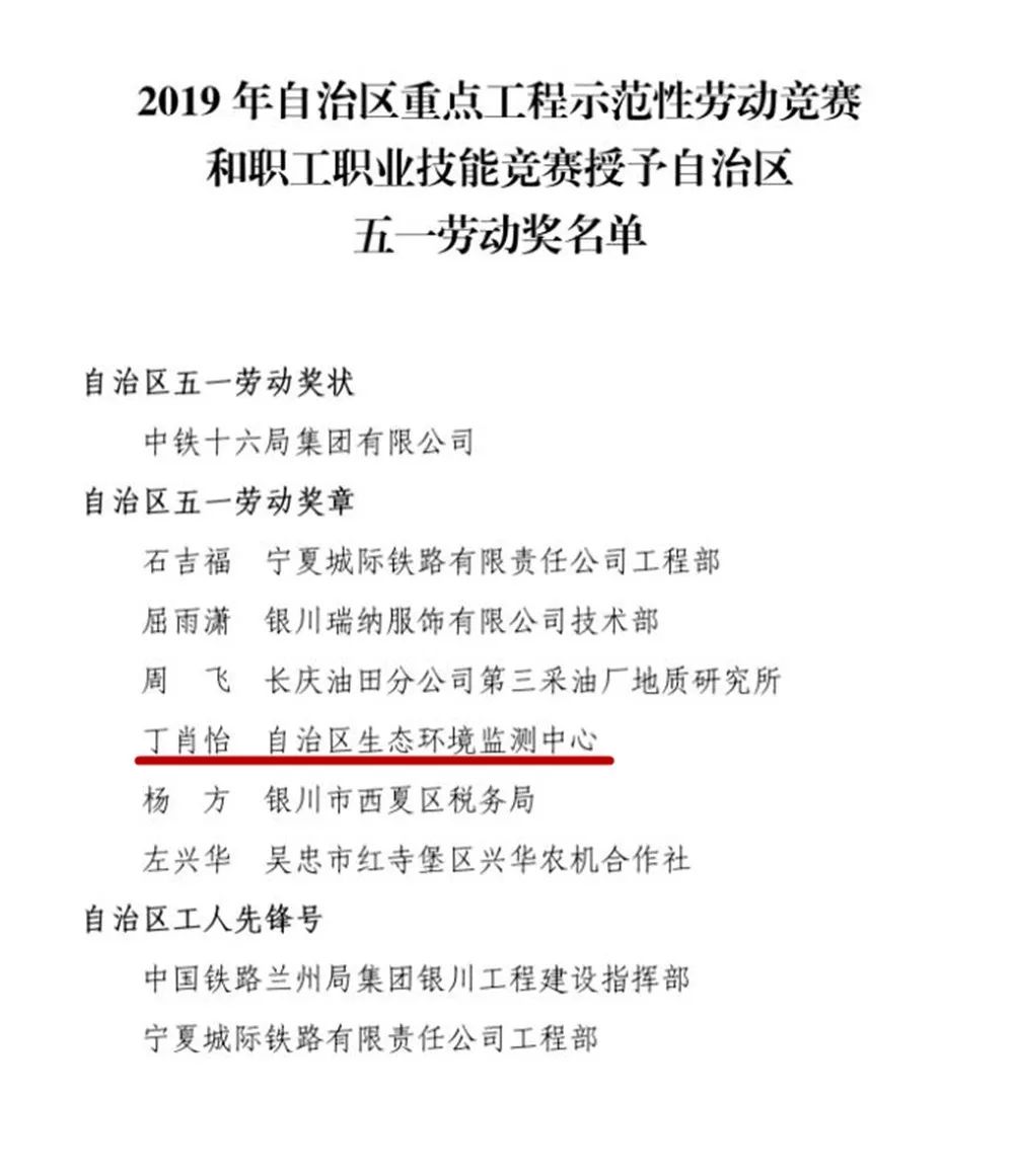 喜报丨自治区生态环境监测中心丁肖怡同志获得2019年自治区重点工程