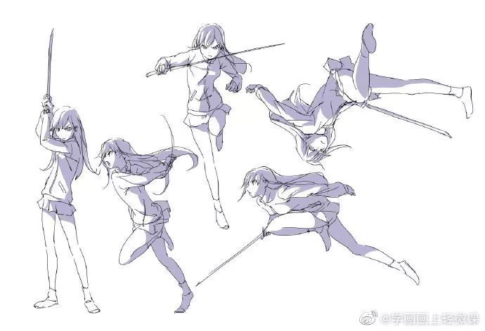 【每日素材】一组女生持剑战斗姿势,亚丝娜就是这么画