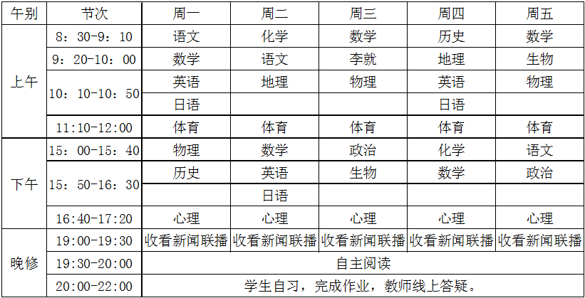 高一年级课程表