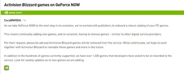 动视和暴雪的游戏从英伟达云服务平台上被移除_GeForce