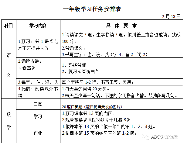 【停课不停学】小学一年级第二周学习安排表