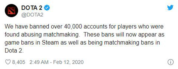 《刀塔2》中有4万名滥用排位的玩家被Valve封禁