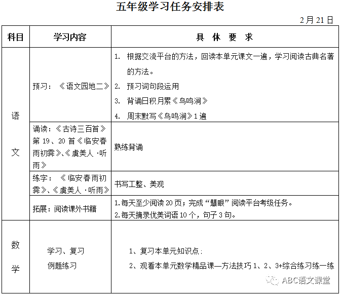 停课不停学小学五年级第二周学习安排表