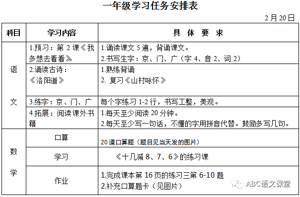 【停课不停学】小学一年级第二周学习安排表