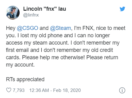FNX丢失手机无法登陆STEAM账户，推特在线求助