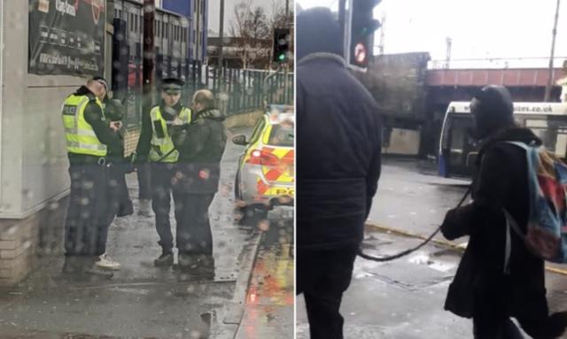 英国街头女子戴着狗头面具，男子用绳“遛”她，突然警察出现了