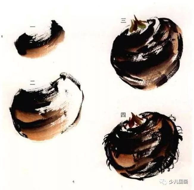 芋头画法  用赭石加墨画芋头,用笔方法和红萝卜类似.