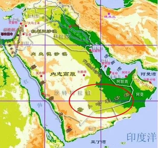 以及受其影响的鲁卜哈利沙漠位置图