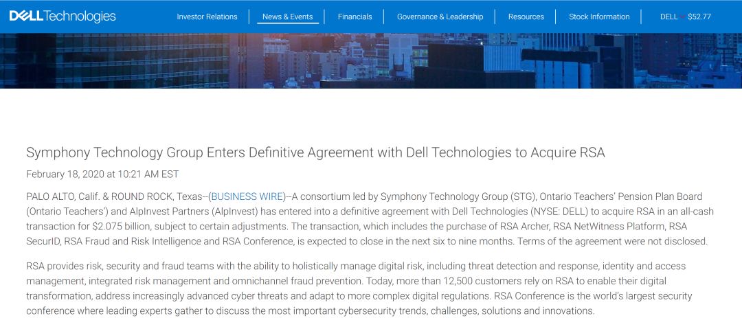 Symphony Technology Group Enters Definitive Agreement With Dell Technologies To Acquire RSA