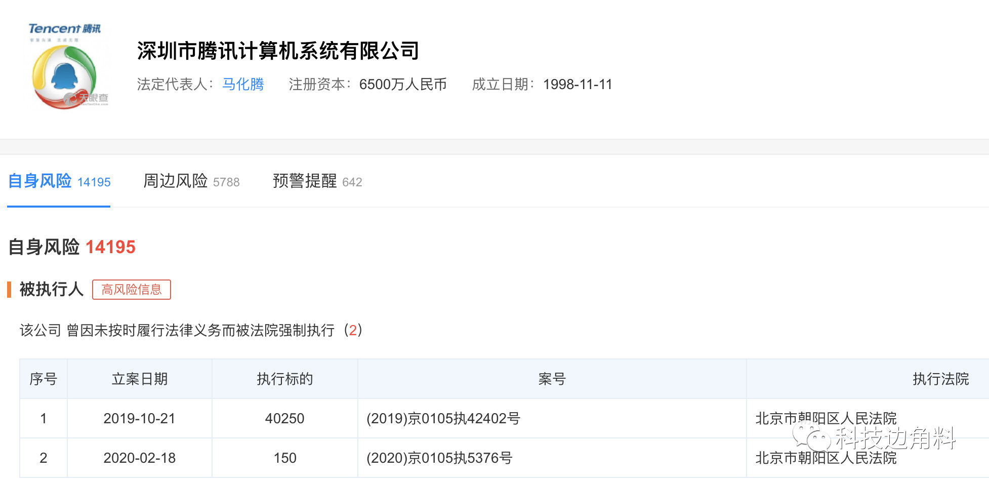 腾讯未按时履行法律义务遭法院列为被执行人
