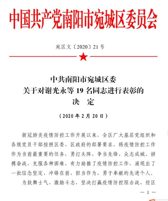 宛城区委关于对谢光永等19名同志进行表彰的决定