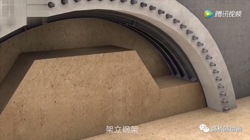 隧道施工全流程动画演示,三台阶七步开挖法、衬砌施工、防排水……