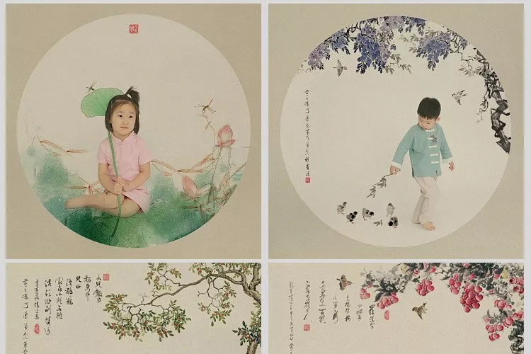 【模板】最新中国风儿童工笔画psd素材  民国风宝宝古装背景模板