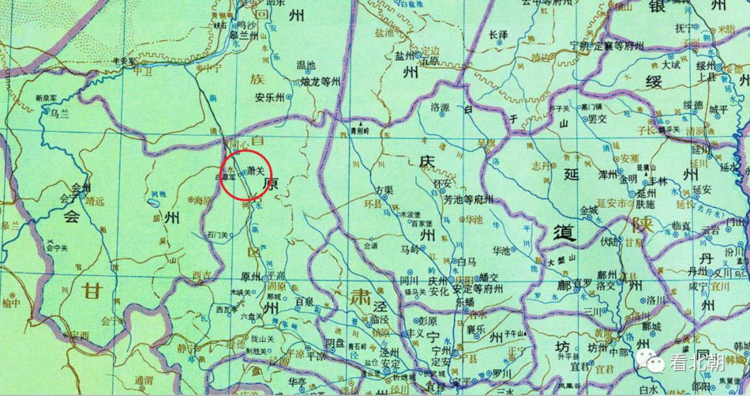 唐代京畿道(关内)地图局部示意,红圈为原州萧关位置,图/网络.