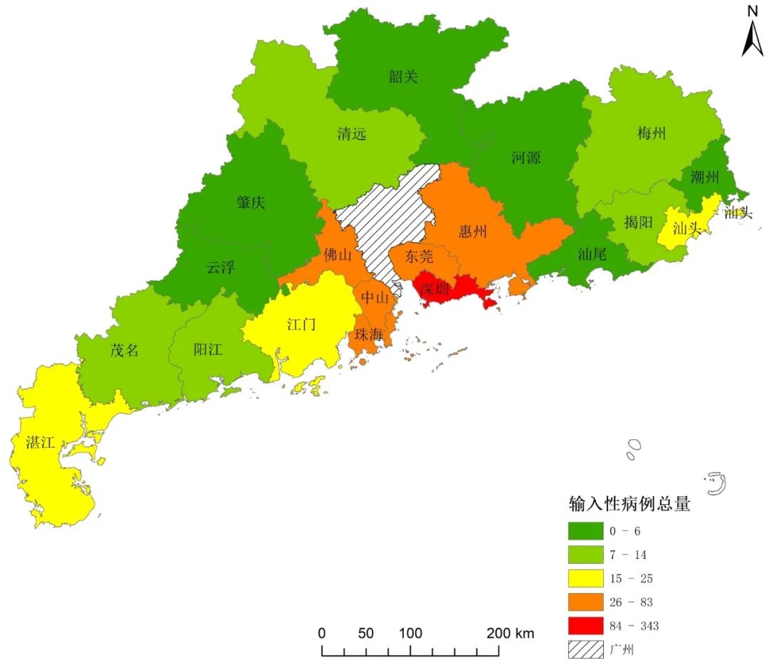 图6 广东省累计输入性病例空间分布图图 7 各地市输入性病例增长过程