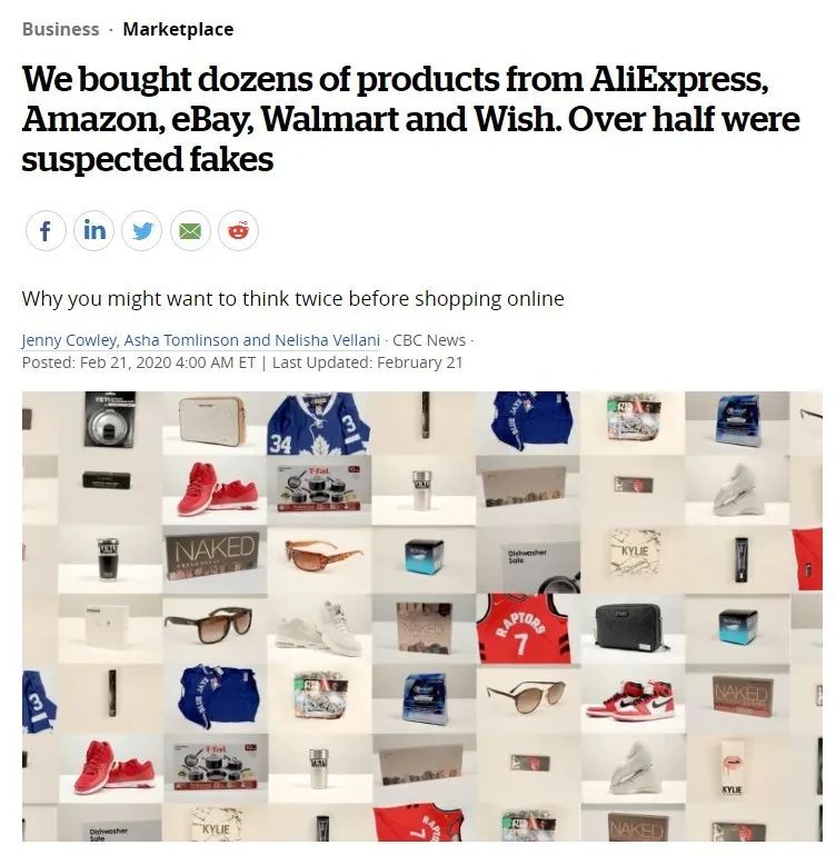 We bought dozens of products from AliExpress, ,  , Walmart and  Wish. Over half were suspected fakes