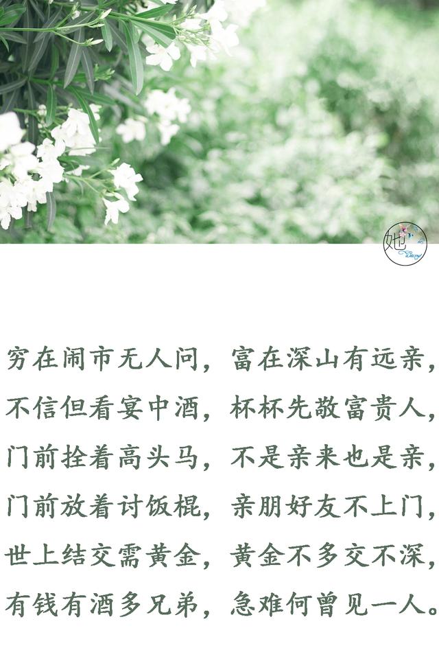 穷在闹市无人问,富在深山有远亲,有钱有酒多兄弟,急难何曾见一人