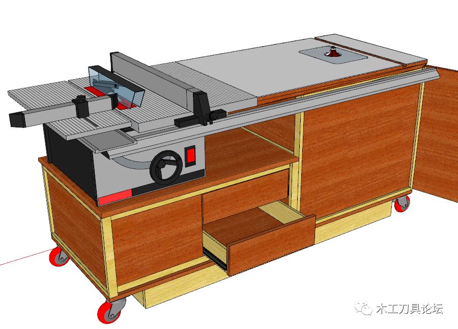 可移动式台锯和电木铣二合一木工桌,值得赞的是还设计了铣刀收藏盒
