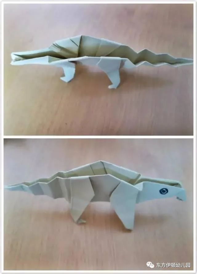 这样,简单好看的手工折纸恐龙就制作完成了,画上眼睛是不是更形象些.