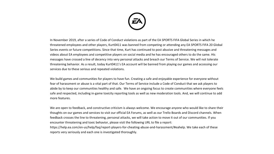 EA彻底封禁《FIFA》职业玩家“Kurt0411”账户禁玩EA游戏_公告