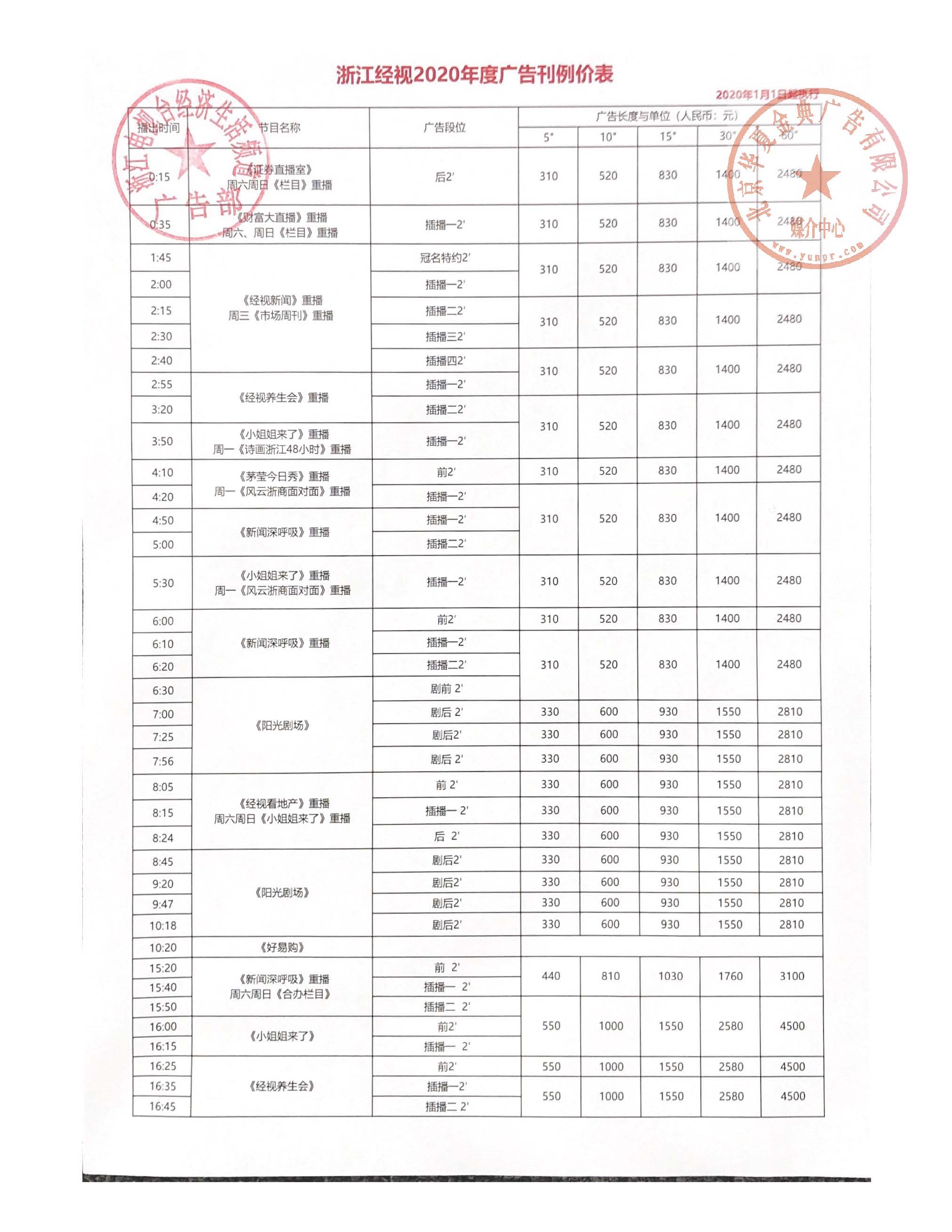 浙江电视台广告电话-浙江经视2020年广告刊例价格表-广告报价-华夏