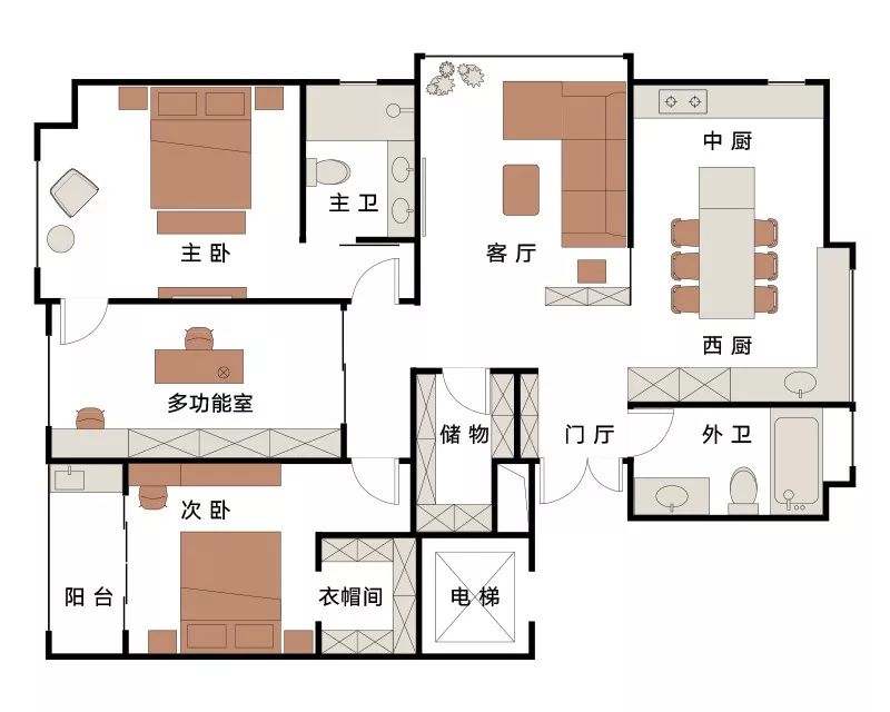 合并中西式厨房与用餐区域①在门厅与餐客厅之间设计过道玄关原户