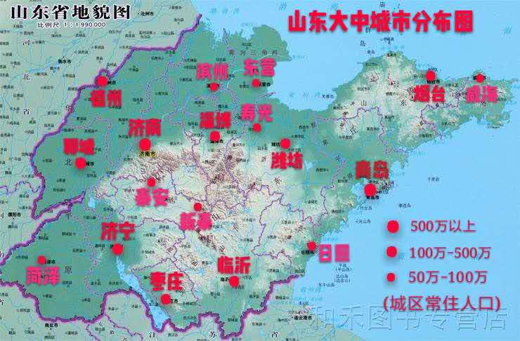 山东大中城市分布图(2018年底数据)