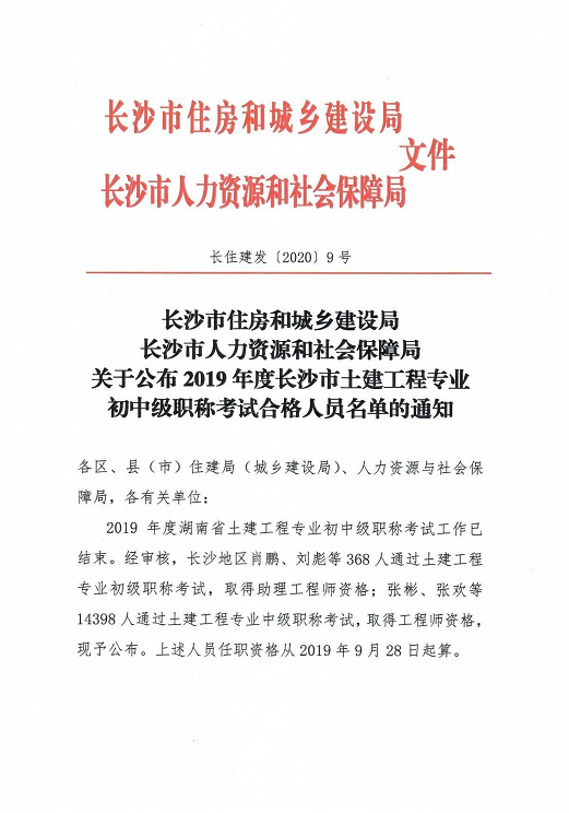 公布2019年度湖南省长沙市土建初中级职称考试合格人员名单通知（土建专业）