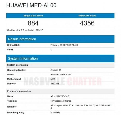 网站geekbench上这款华为新机的信息来看,该机型号为huawei med—al00