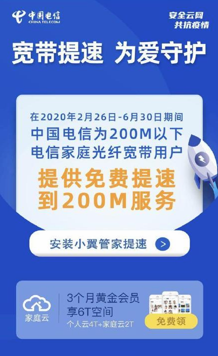免费提速：中国电信  宽带用户可免费提速至200M网络