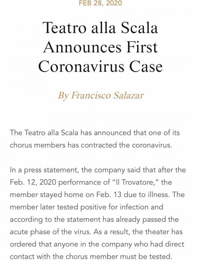 意大利斯卡拉歌剧院刚演完歌剧，一名合唱团员就确诊新冠肺炎